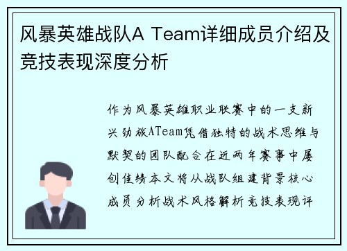 风暴英雄战队A Team详细成员介绍及竞技表现深度分析